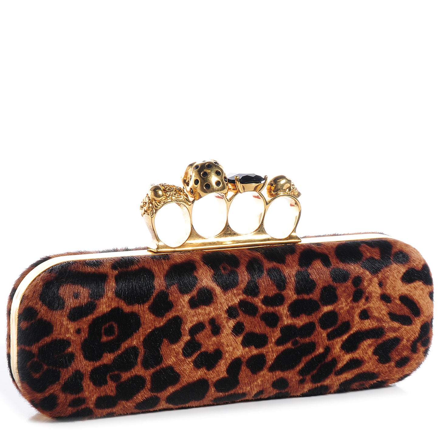 Calf Hair Leopard Print Knuckle Box Clutch Brown Black