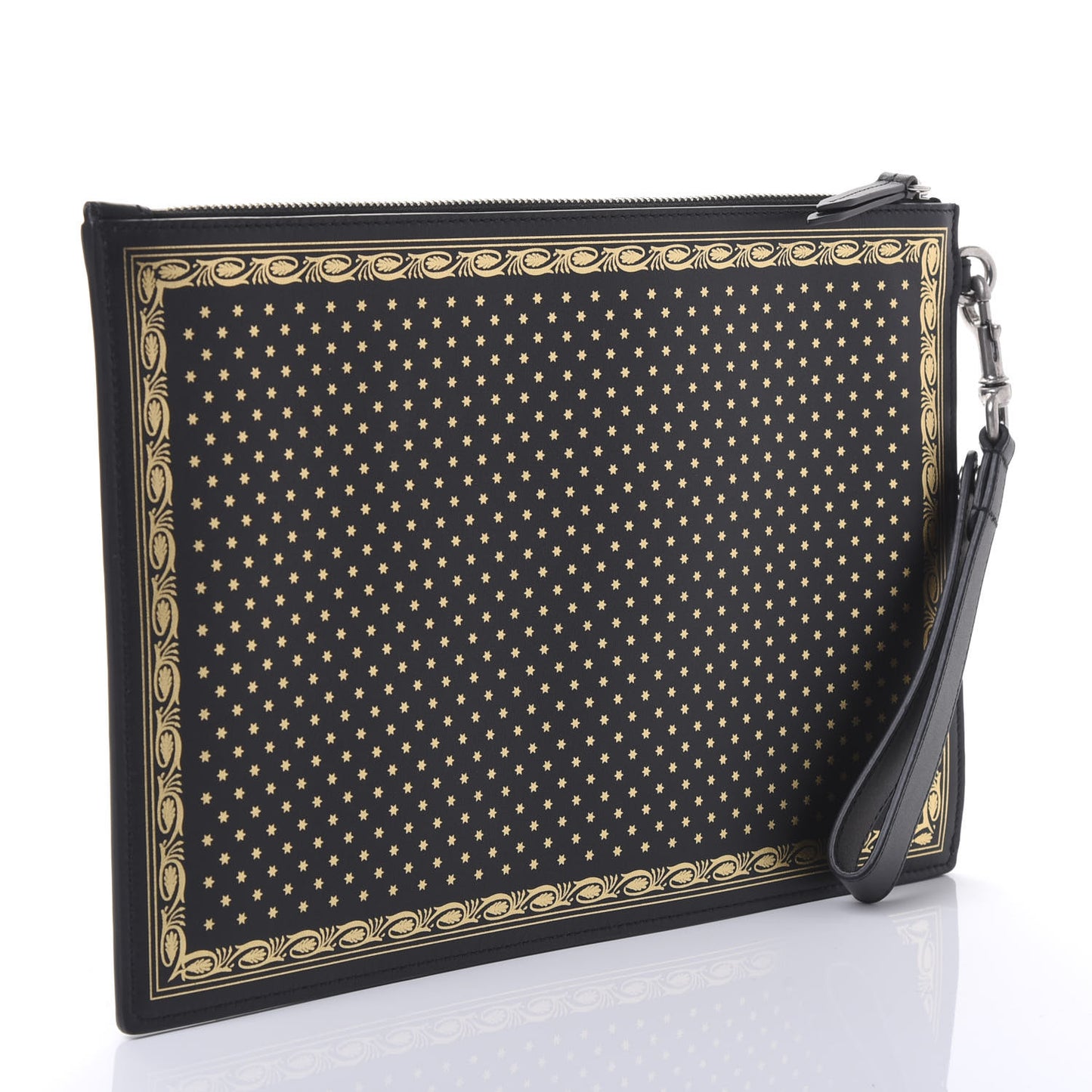 X SEGA Calfskin GUCCY Stars Zip Wristlet Pouch Black Gold
