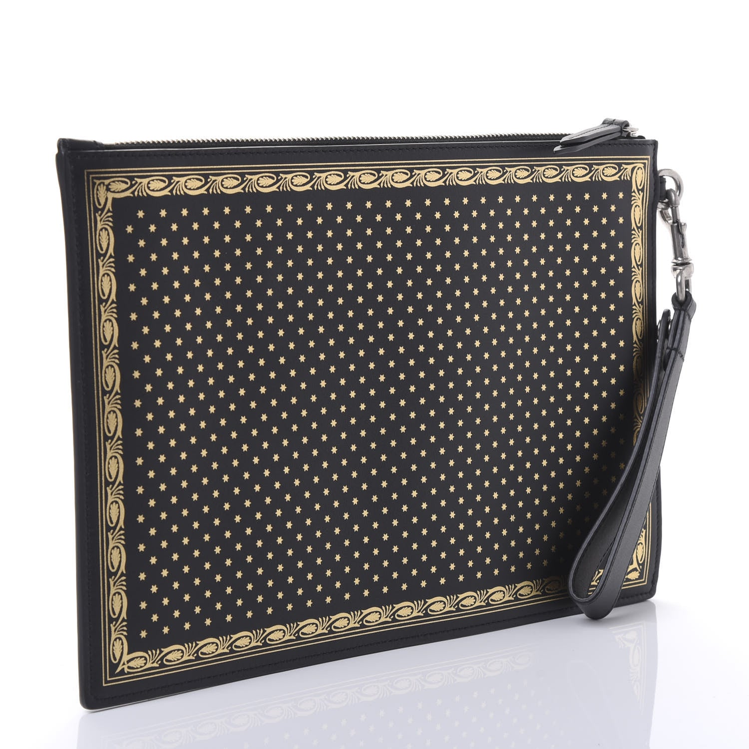 Gucci X SEGA Calfskin GUCCY Stars Zip Wristlet Pouch Black Gold 3 of 10