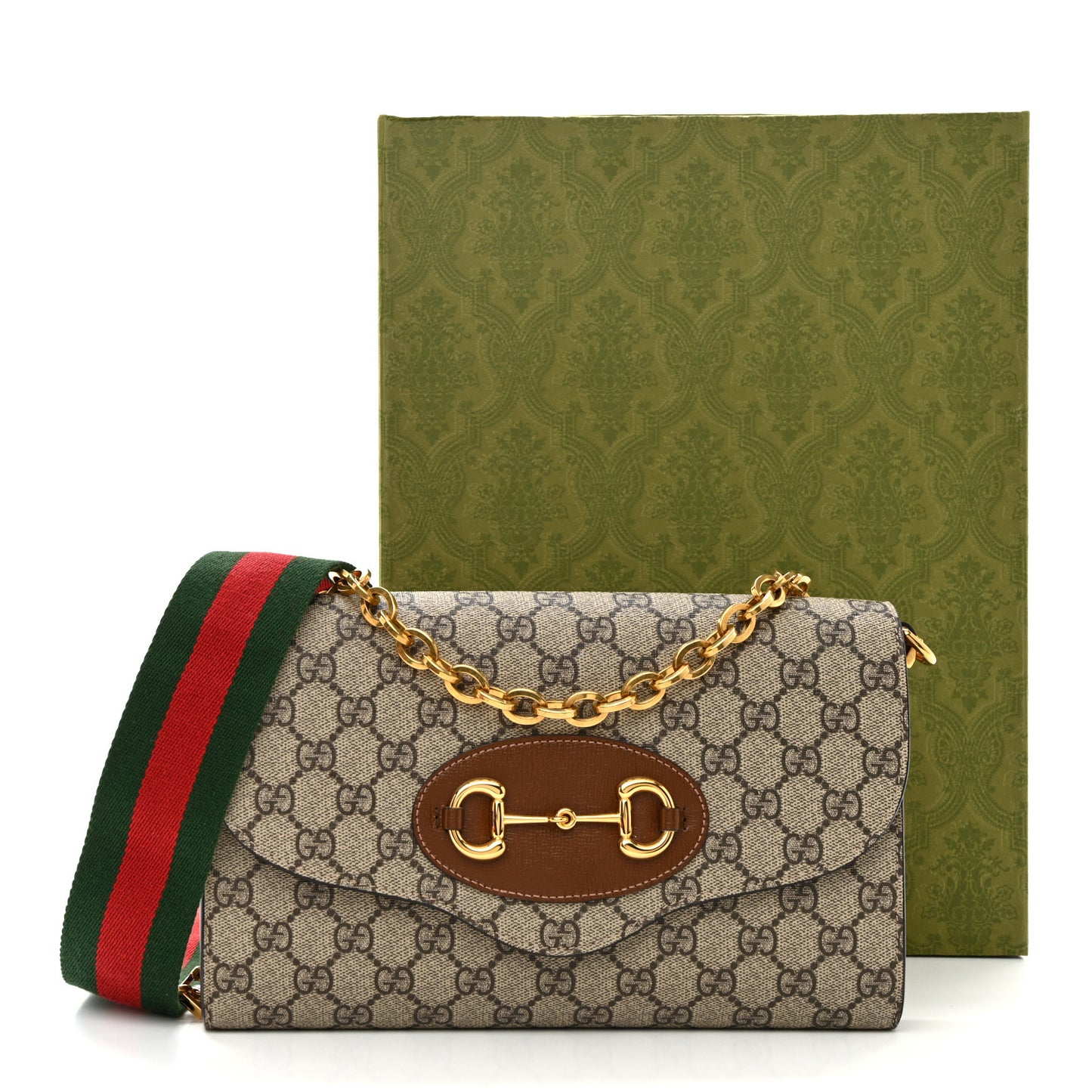 GG Supreme Monogram Azalea Calfskin Web Small Horsebit 1955 Crossbody Bag Beige Ebony Brown Sugar