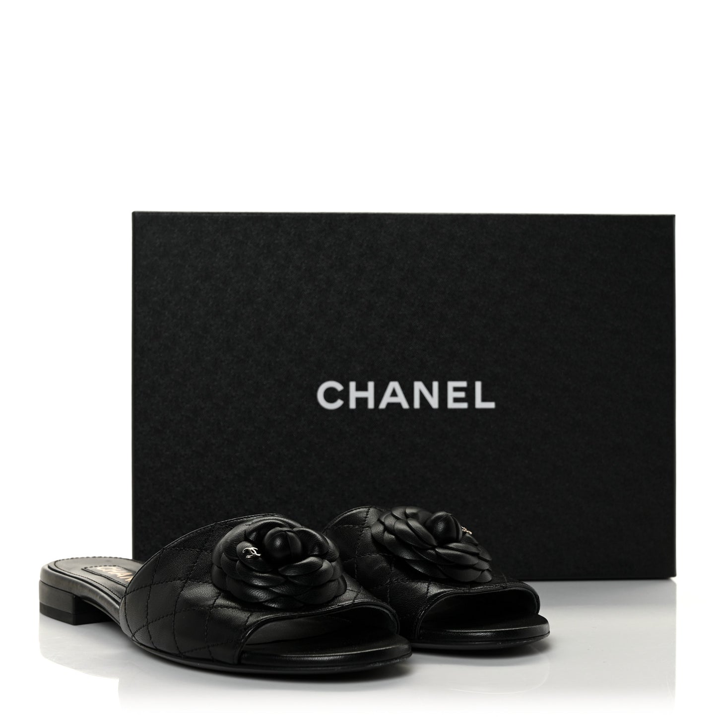 Lambskin Quilted Camellia CC Slides 39 Black