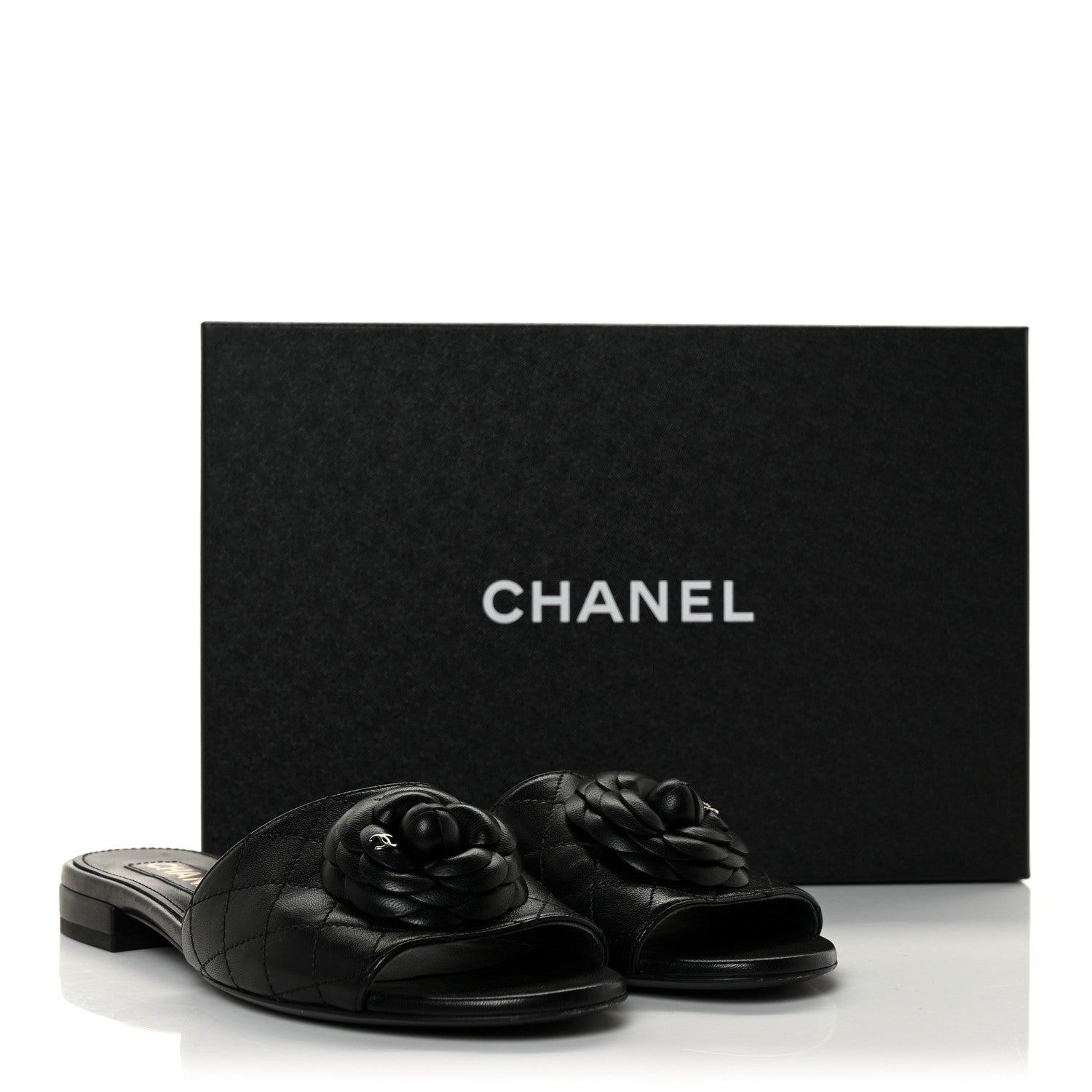 Chanel Lambskin Quilted Camellia CC Slides 39 Black 9 of 9