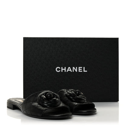 Chanel Lambskin Quilted Camellia CC Slides 39 Black 9 of 9