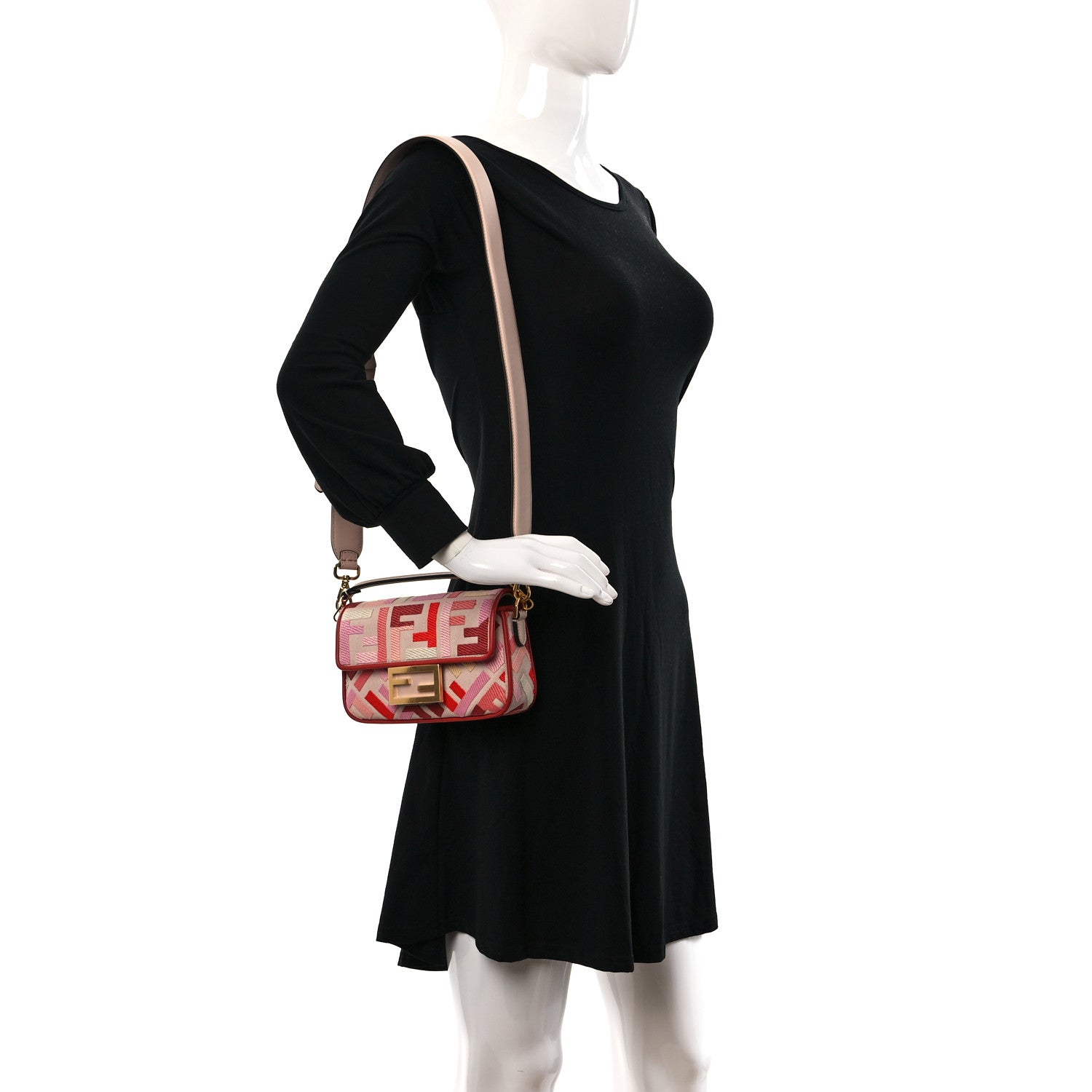 Fendi Canvas Vitello King Seta FF Embroidered Mini Baguette Rosa Quarzo Bloody Mary Multicolor 2 of 9