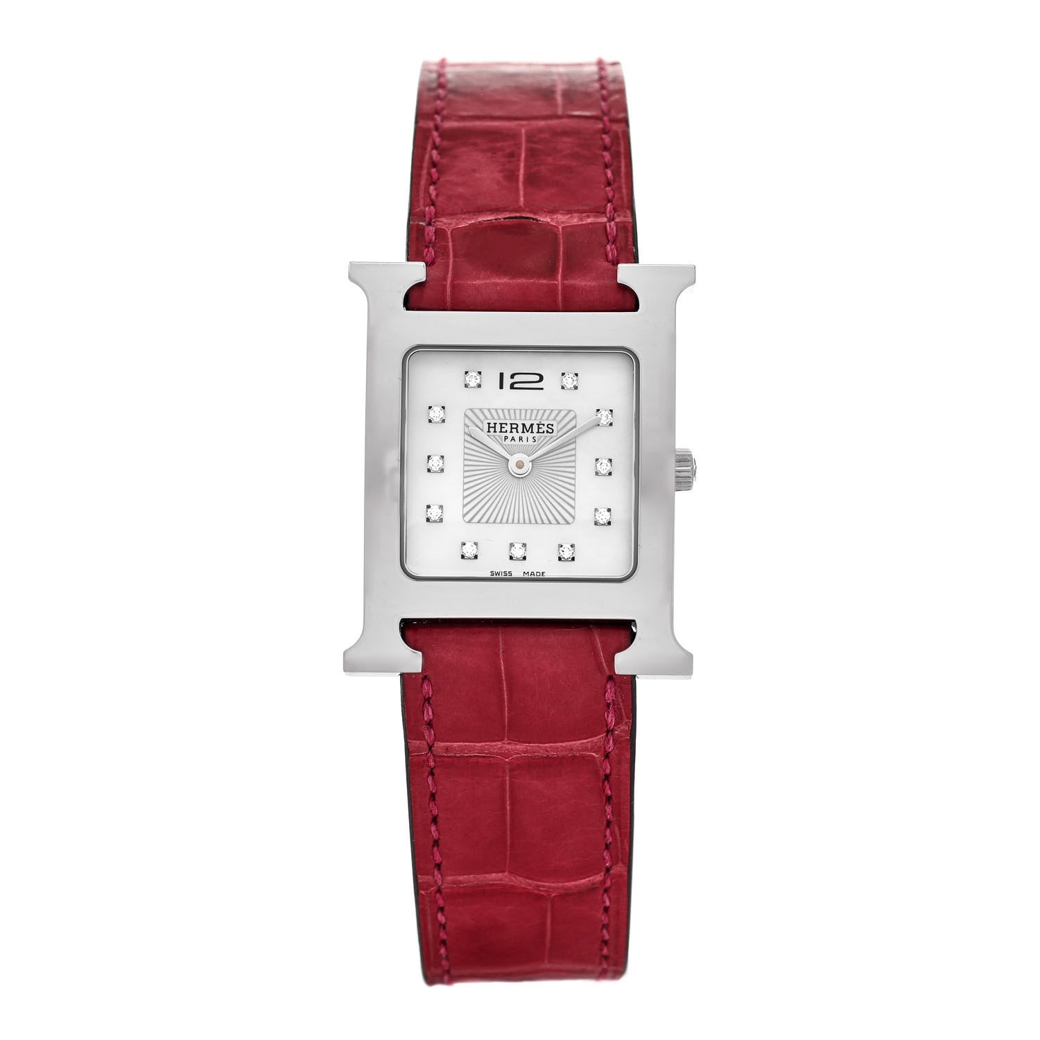 Hermes Stainless Steel Alligator Diamond Mother of Pearl 26mm Heure H Hour Quartz Watch Braise 1 of 5