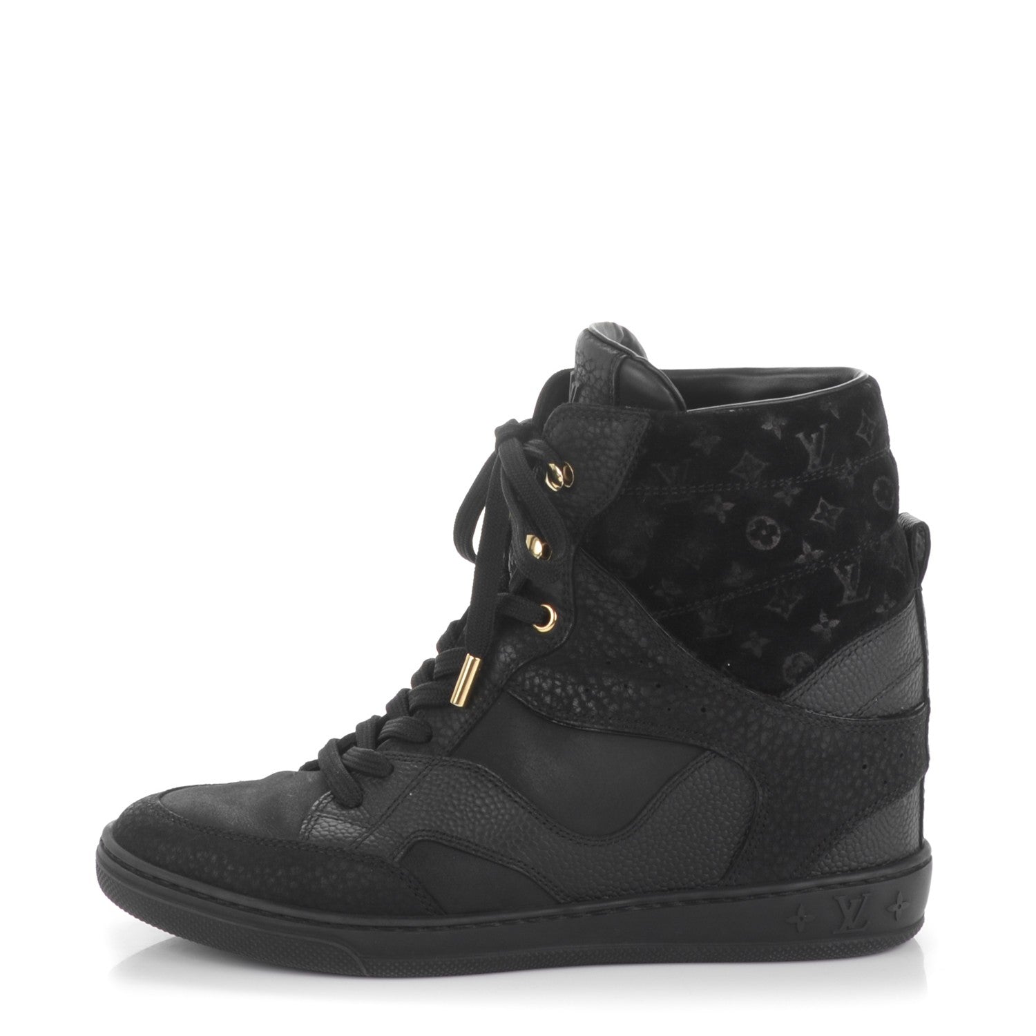 Louis Vuitton Calfskin Suede Monogram Cliff Top Wedge Sneakers 38.5 Black 1 of 6