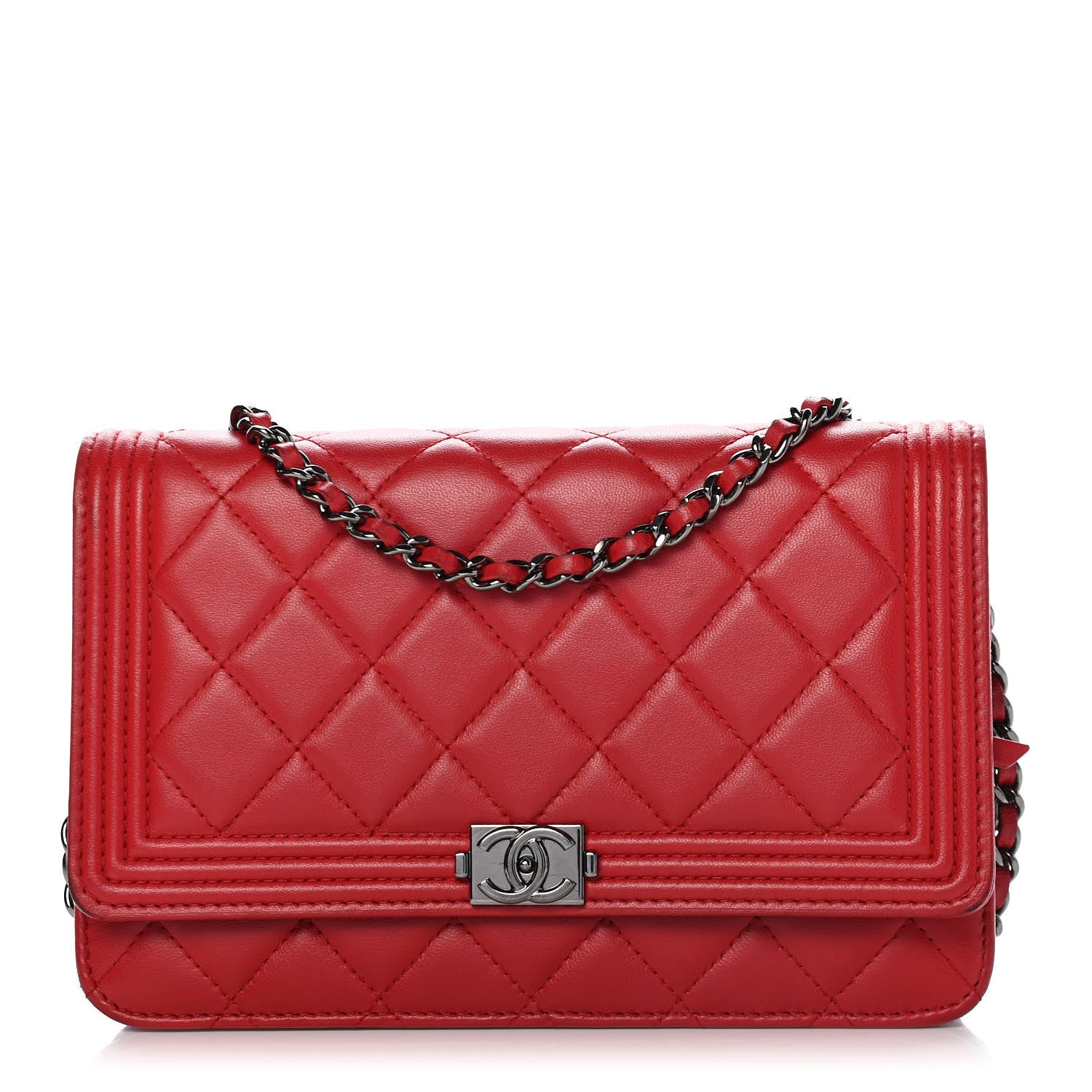 Chanel Lambskin Quilted Boy Wallet On Chain WOC Red 2 of 11