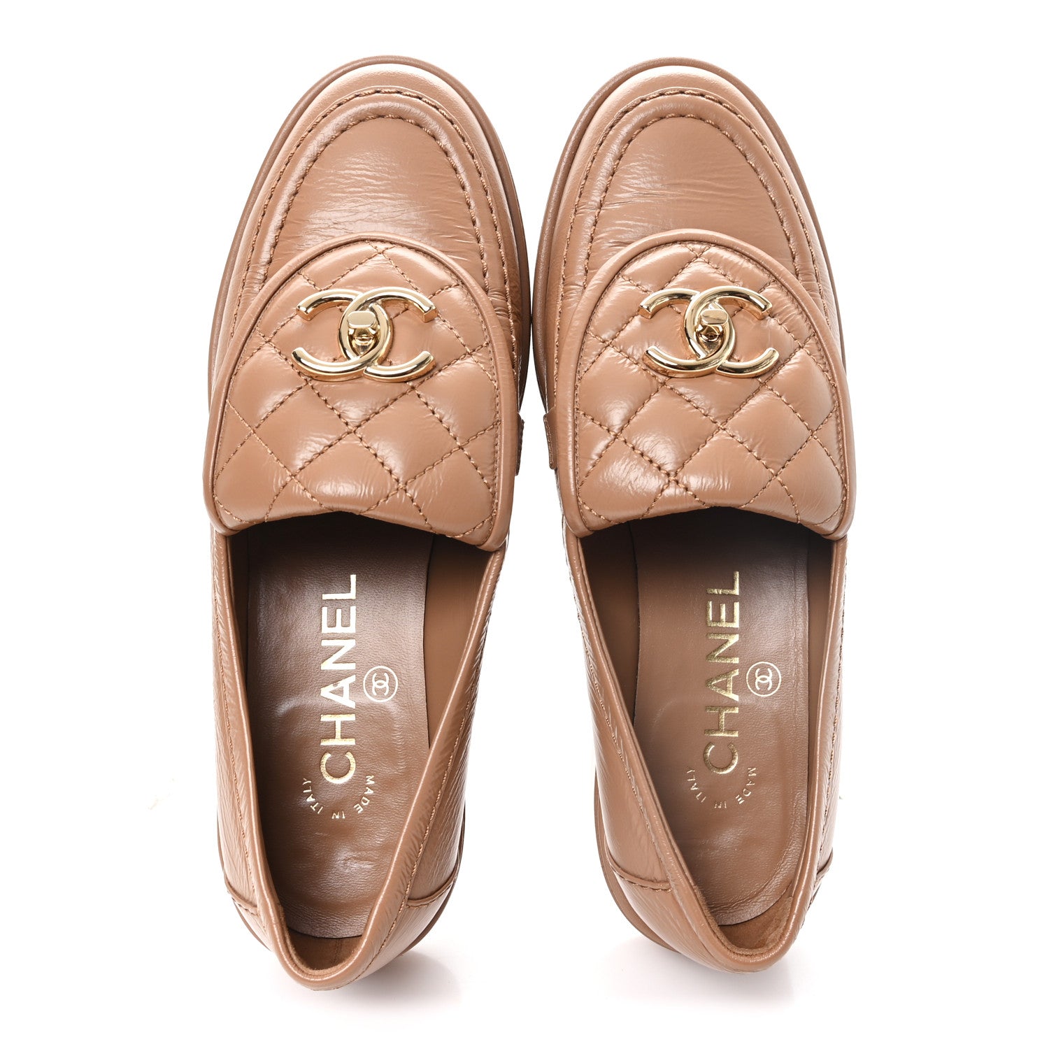 Chanel Crumpled Lambskin Quilted CC Turnlock Moccasins 35.5 Dark Beige 2 of 10
