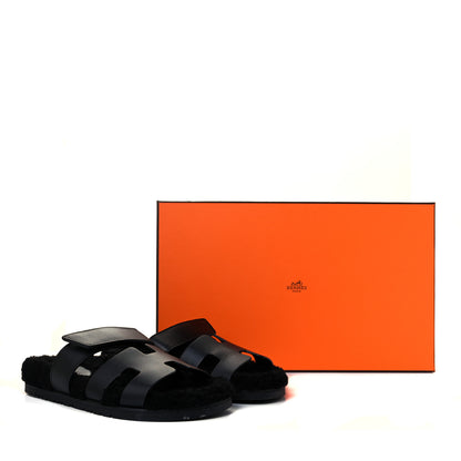 Hermes Calfskin Woolskin Womens Chypre Sandals 37 Black 12 of 12