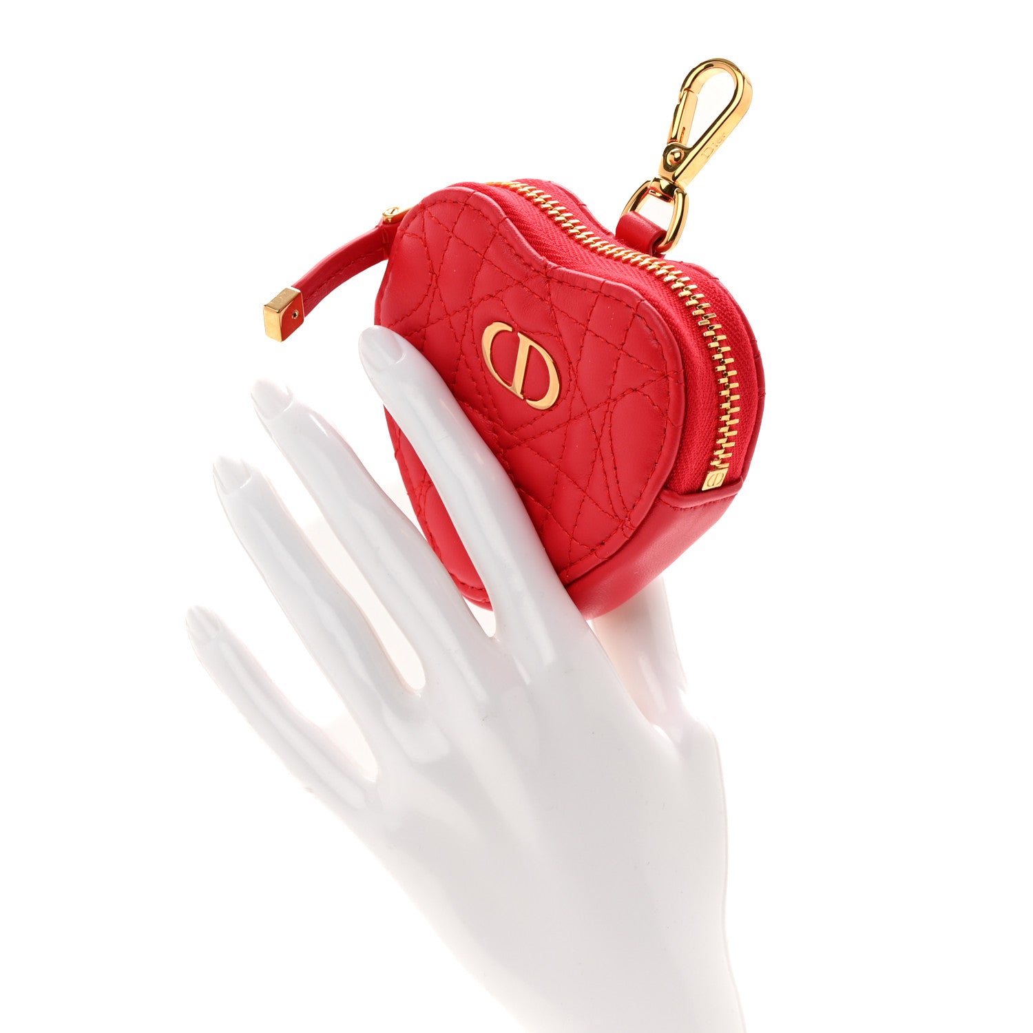 Christian Dior Lambskin Cannage Dioramour Caro Heart Coin Purse Bag Charm Red 2 of 8