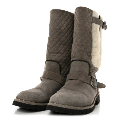 Chanel Shearling Suede Calfskin Quilted High Biker Boots 40 Grey 4 of 8
