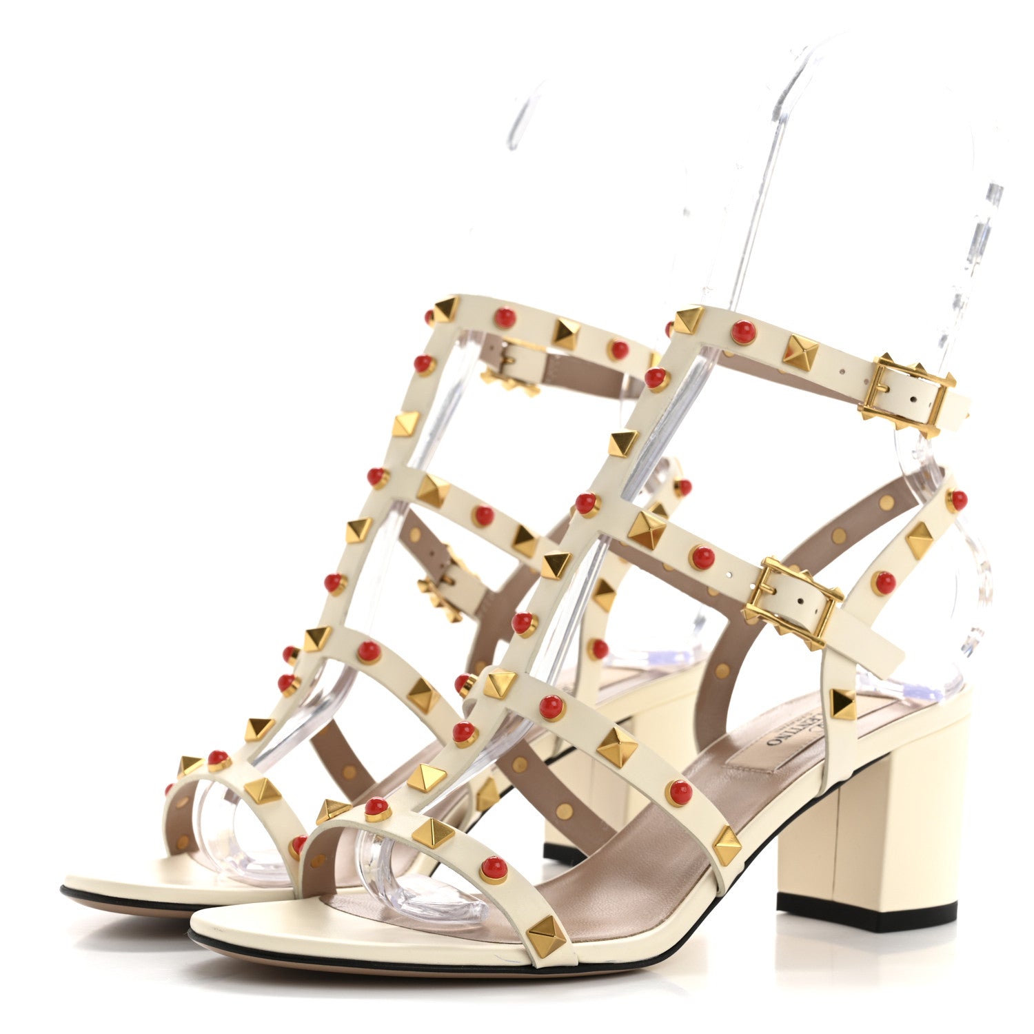 Valentino Garavani Calfskin Rockstud 60mm City Sandals 37 Ivory Coral Red 4 of 9