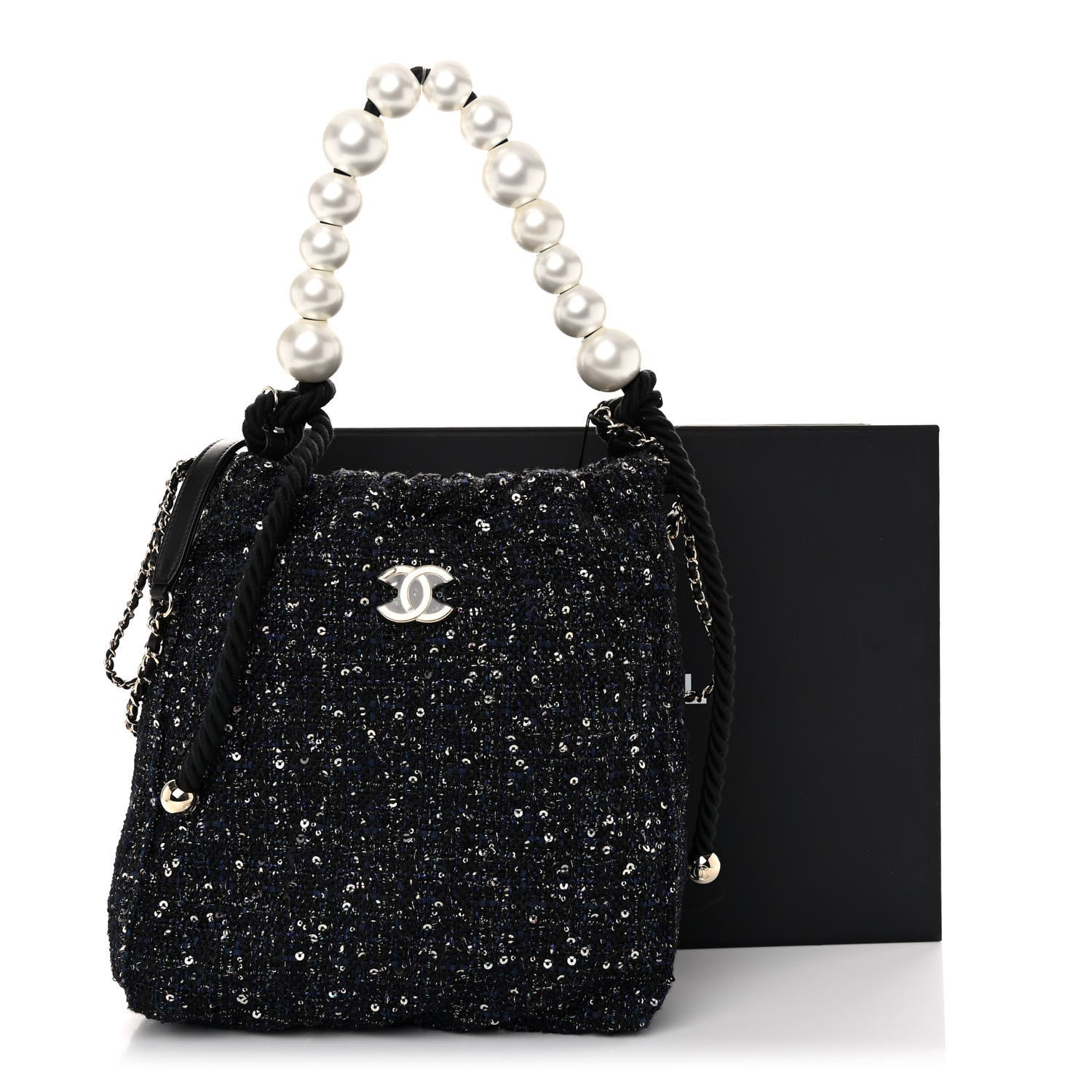 Chanel Tweed Pearl Handle Drawstring Bag Black Ecru 10 of 10