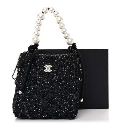 Chanel Tweed Pearl Handle Drawstring Bag Black Ecru 10 of 10