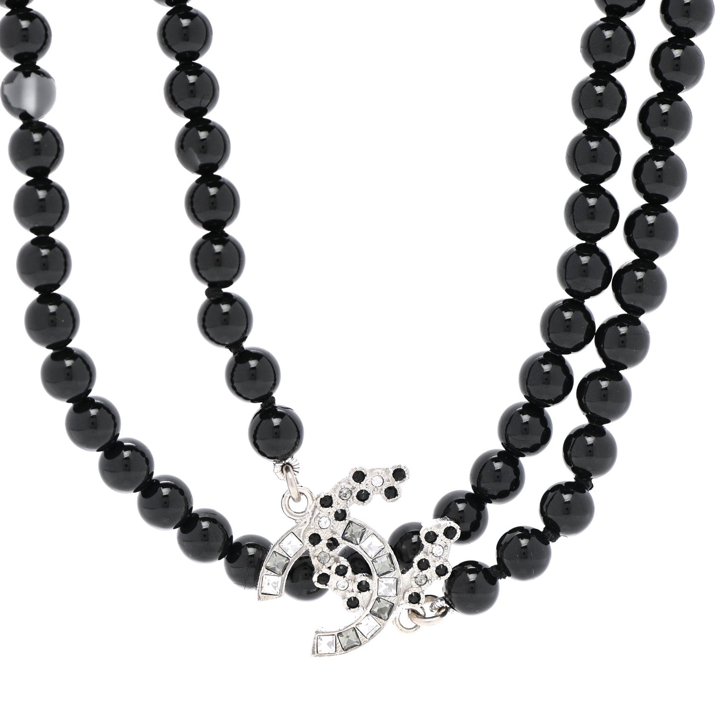 Ruthenium Crystal Baguette Pearl Beaded CC Long Necklace Black Grey