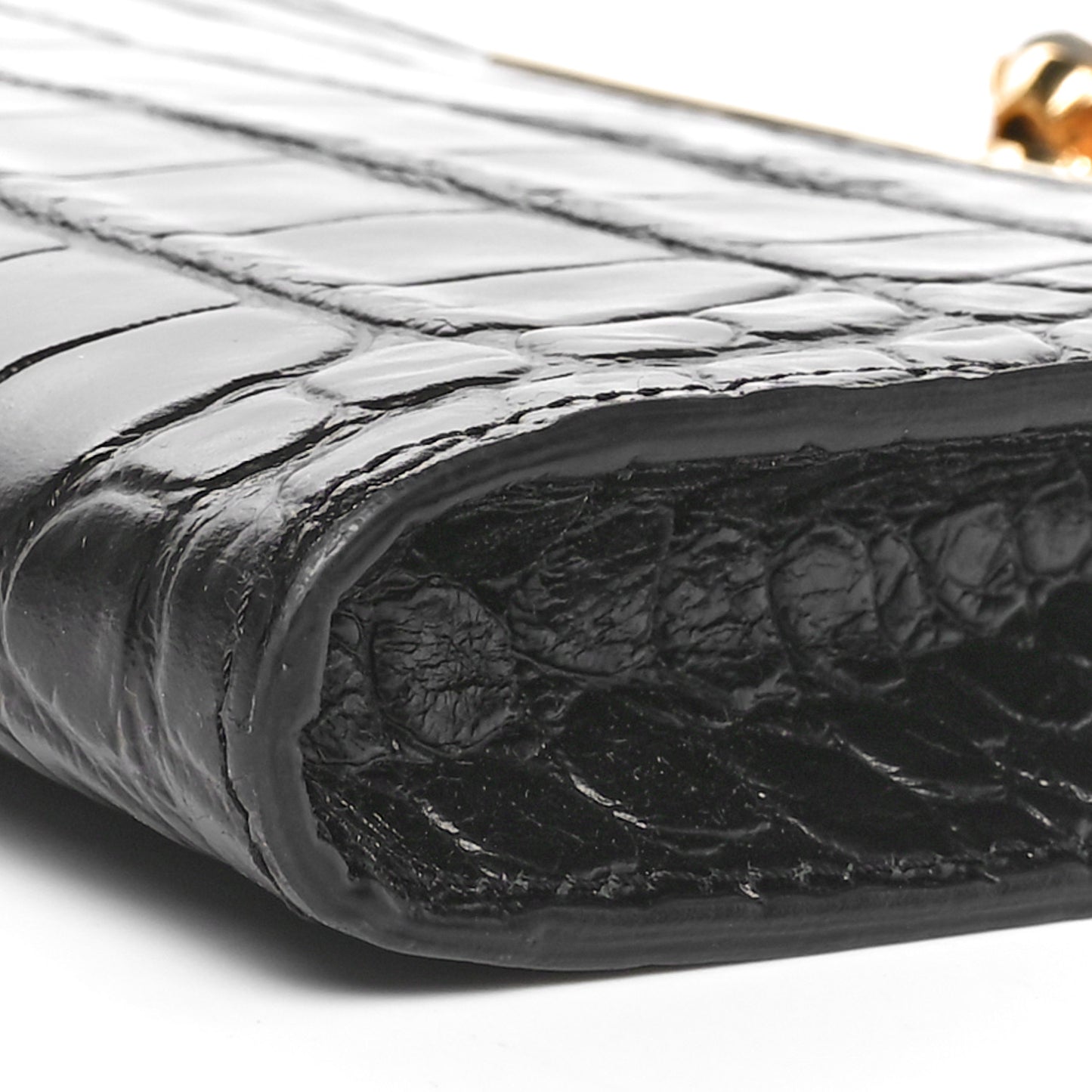 Calfskin Crocodile Embossed Knuckle Flat Clutch Black Gold