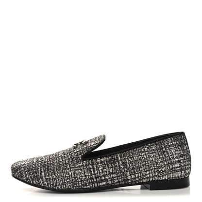 Chanel Fantasy Fabric Grosgrain CC Mocassin Loafers 36.5 Silver Black 1 of 11