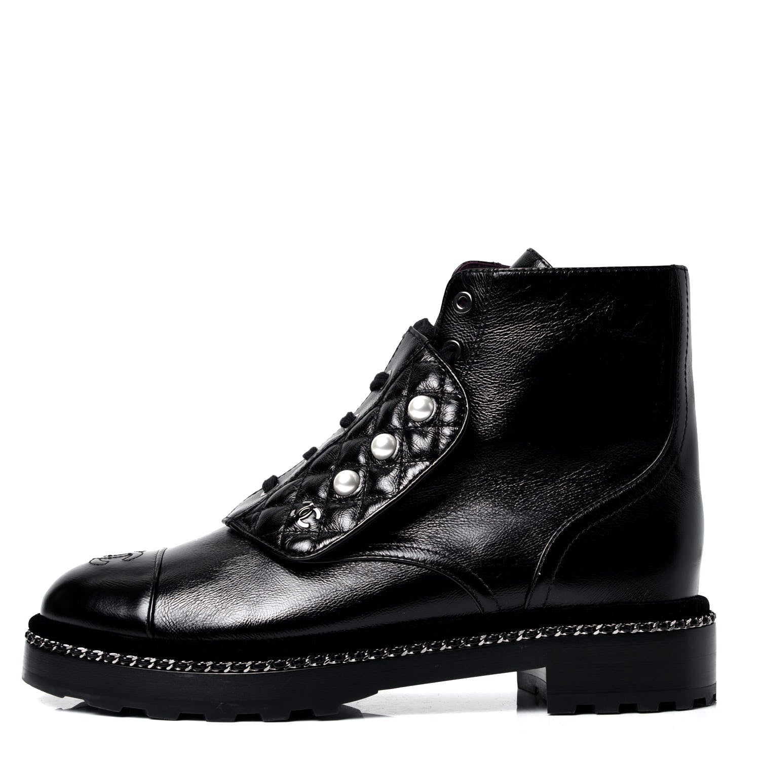 Chanel Crackled Calfskin Velvet Pearl Combat Short Boots 41.5 Black 1 of 6
