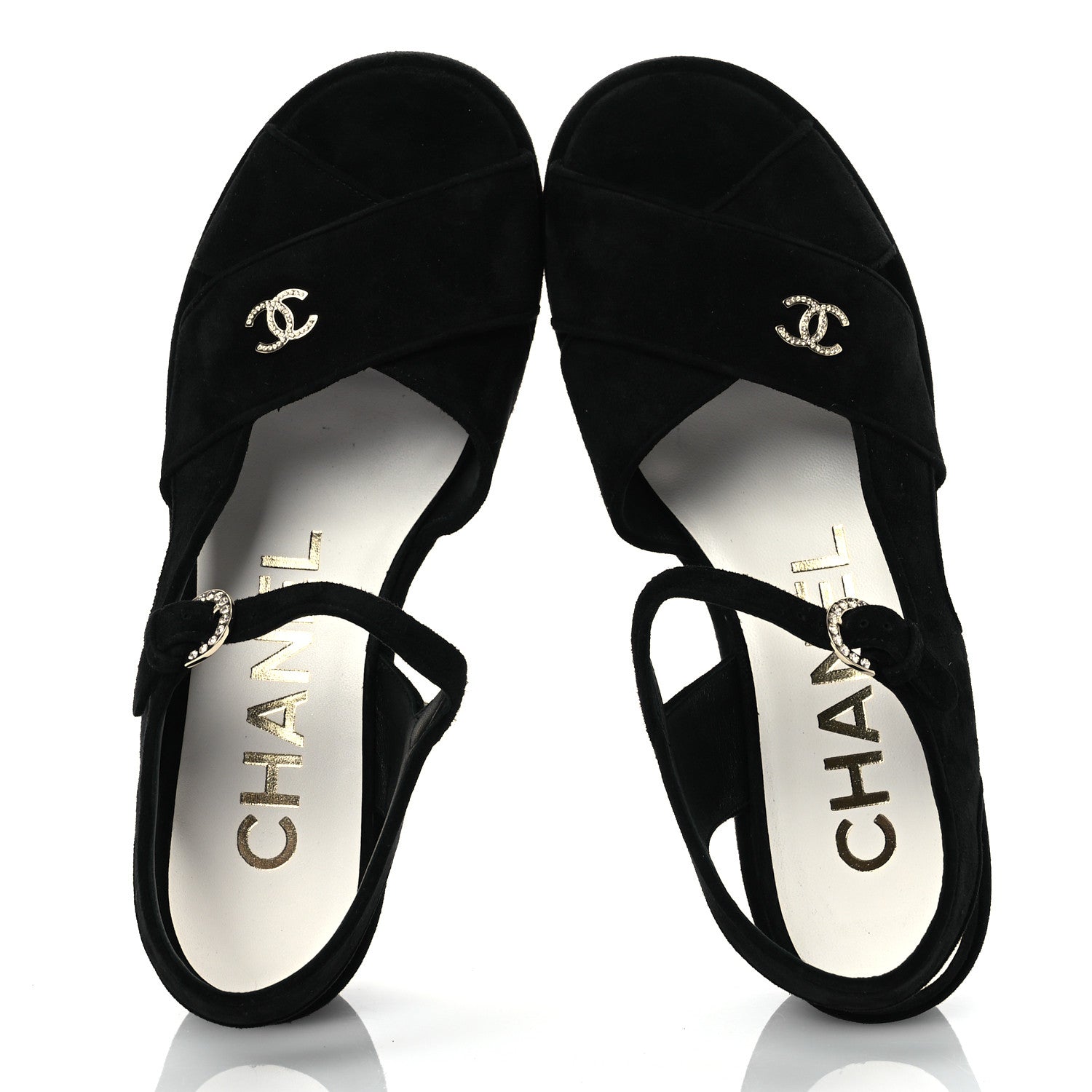 Chanel Suede Calfskin Peep Toe Wedge Sandals 40.5 Black 2 of 14