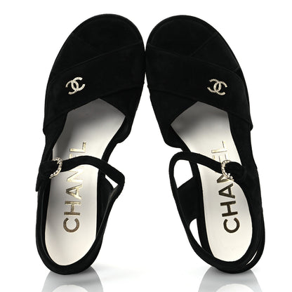 Chanel Suede Calfskin Peep Toe Wedge Sandals 40.5 Black 2 of 14