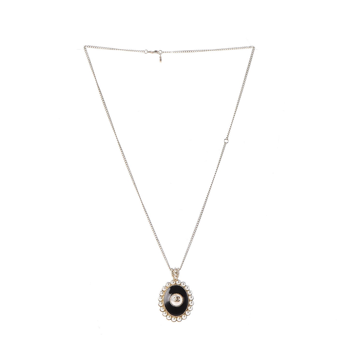 Gripoix Poured Glass Pearl CC Pendant Necklace Black Light Gold