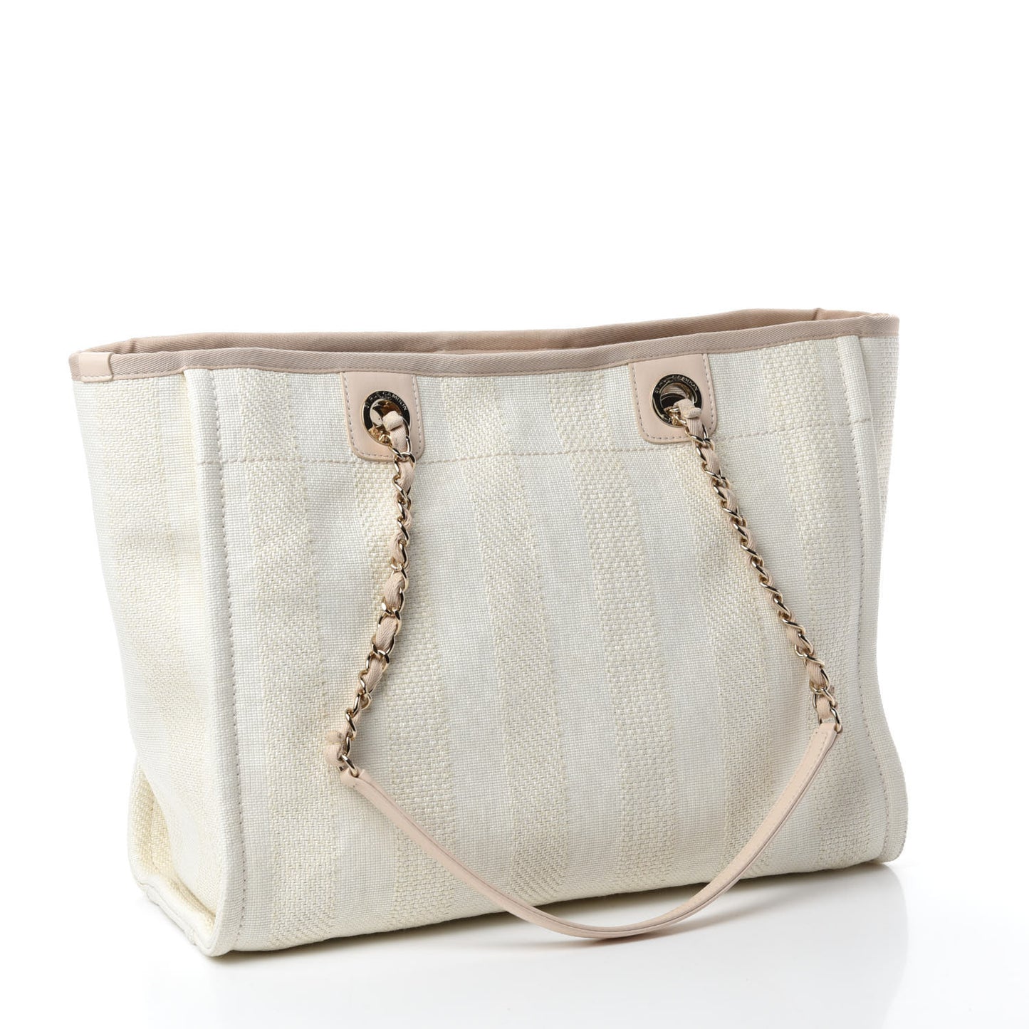 Straw Raffia Calfskin Striped Small Deauville Tote Beige