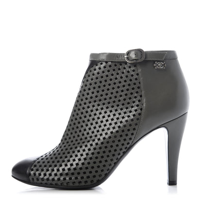 Chanel Perforated Goatskin CC Ankle Boots 39.5 Grey Black 1 of 9
