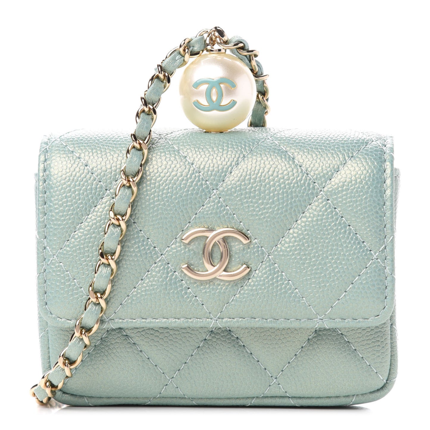 Iridescent Caviar Quilted Pearl On Top Coin Purse With Chain Light Green