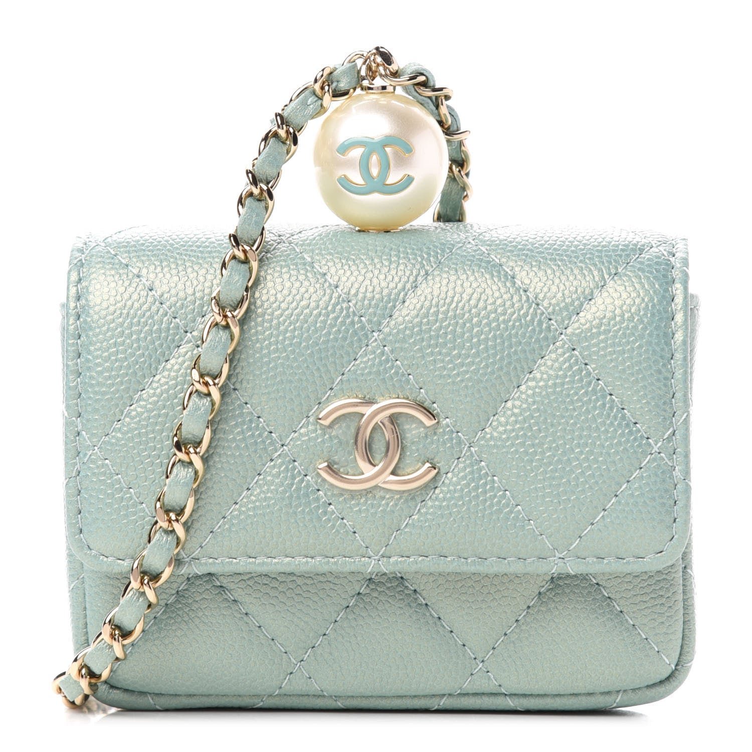 Chanel Iridescent Caviar Quilted Pearl On Top Coin Purse With Chain Light Green 1 of 12