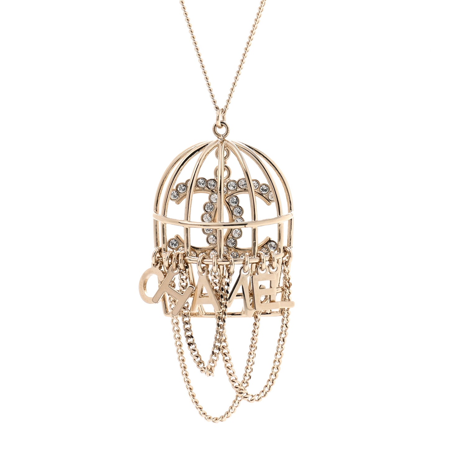 Metal Crystal Logo Bird Cage Necklace Gold