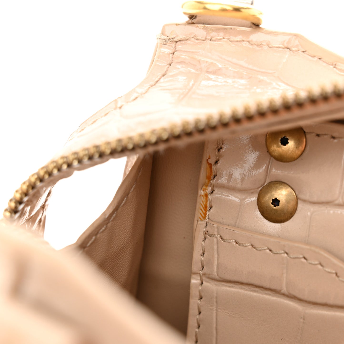 Shiny Supple Calfskin Crocodile Embossed Neo Classic Gold Hardware Nano City Crossbody Light Beige