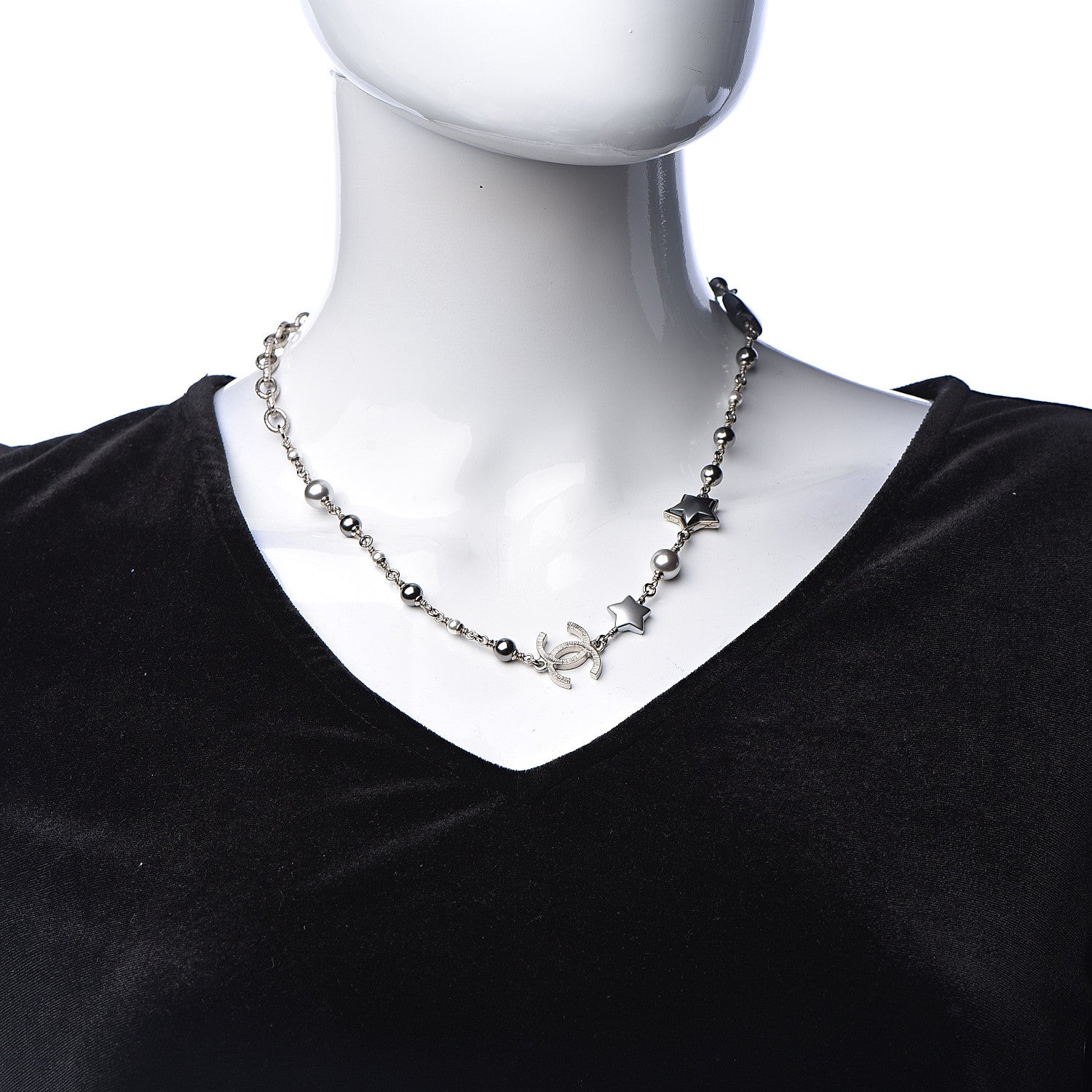 Chanel Metal Resin Pearl Star CC Necklace Silver 2 of 6