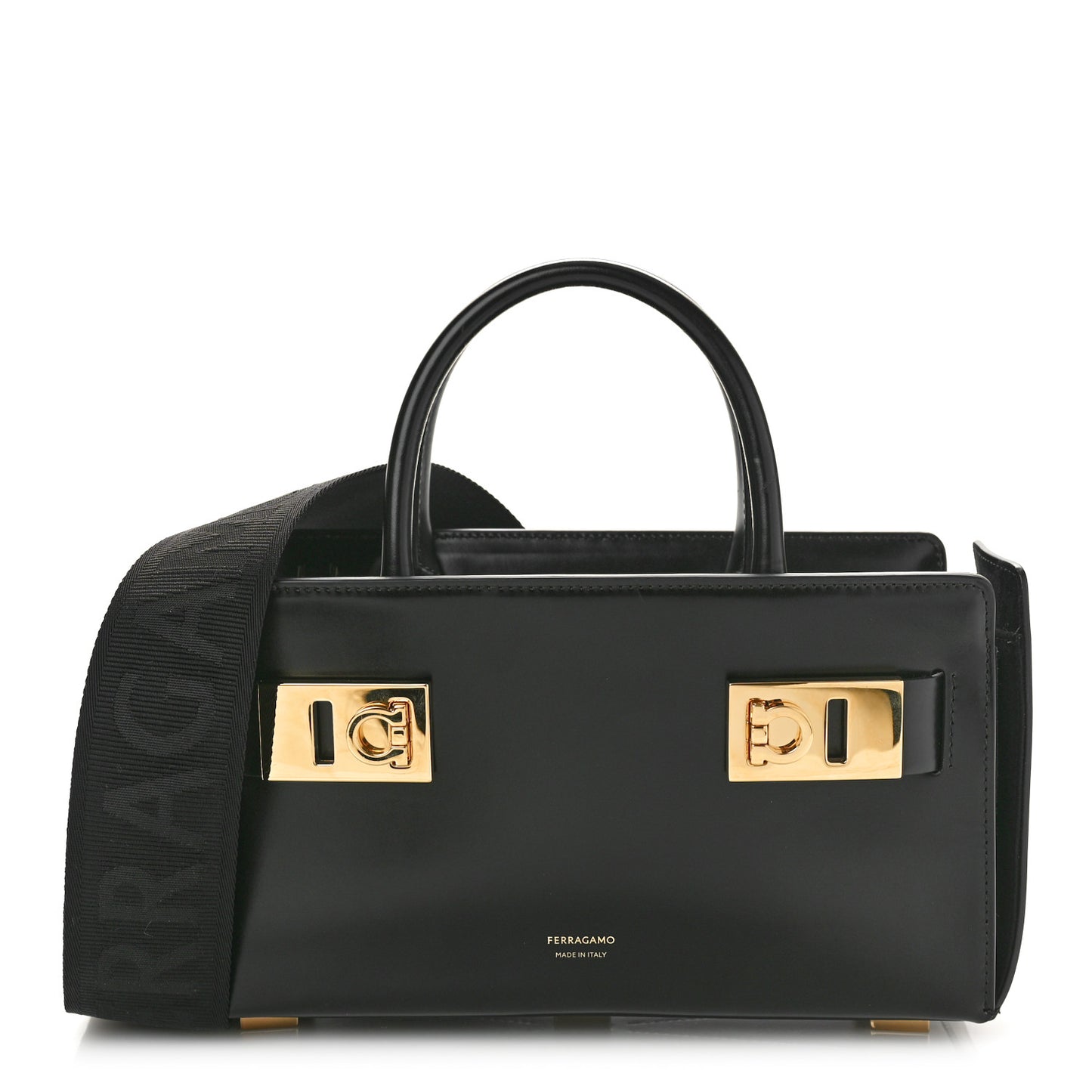 Brushed Off Calfskin Small Gancini Buckles Tote Bag Black