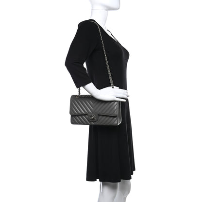 Chanel Caviar Chevron Quilted Medium Double Flap Dark Grey 2 of 11