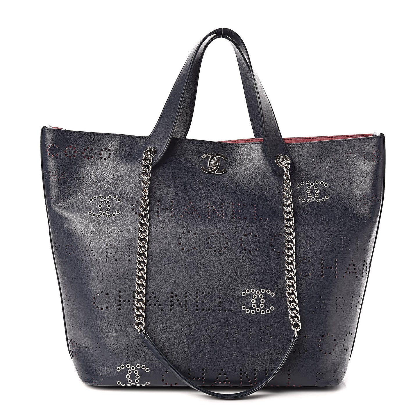 Calfskin Tweed Small Logo Eyelets Shopping Tote Navy Blue