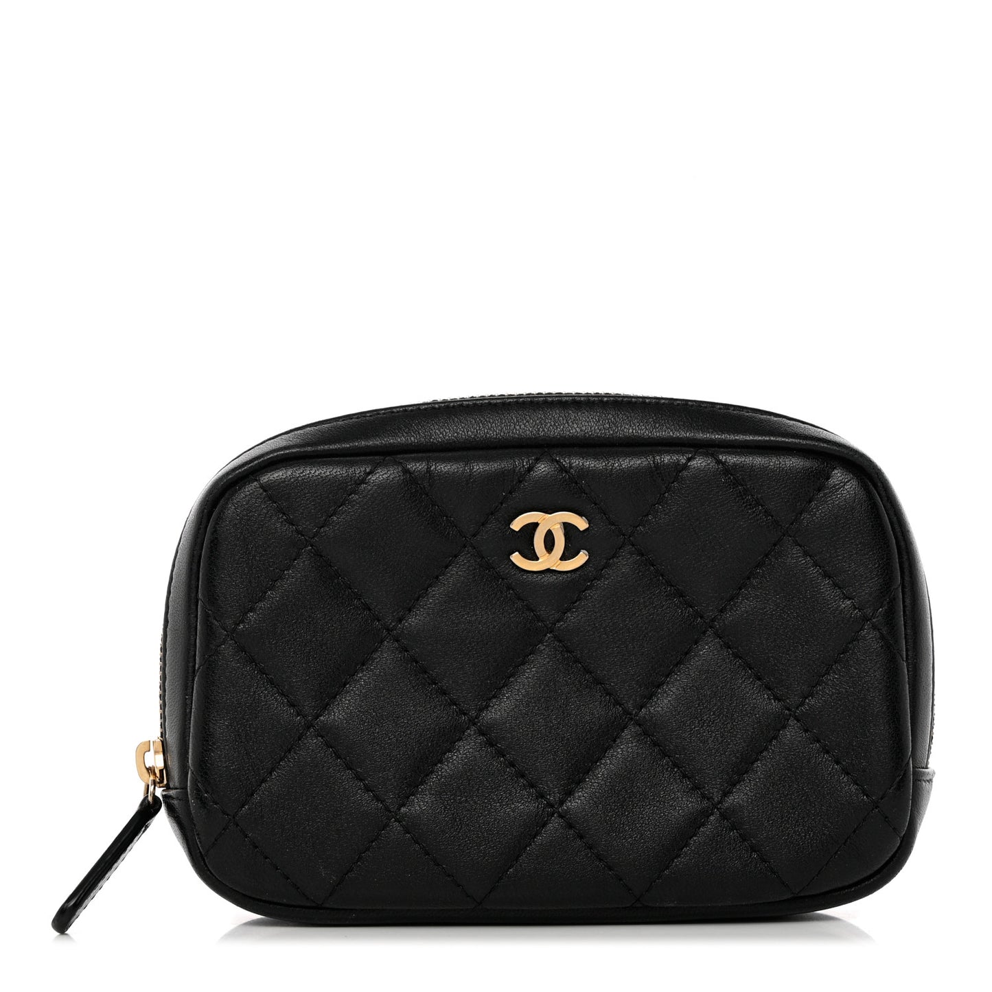 Lambskin Quilted Small Curvy Pouch Cosmetic Case Black