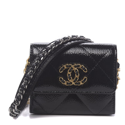 Chanel Shiny Crumpled Calfskin Quilted Chanel 19 Flap Coin Purse With Chain Black 1 of 12