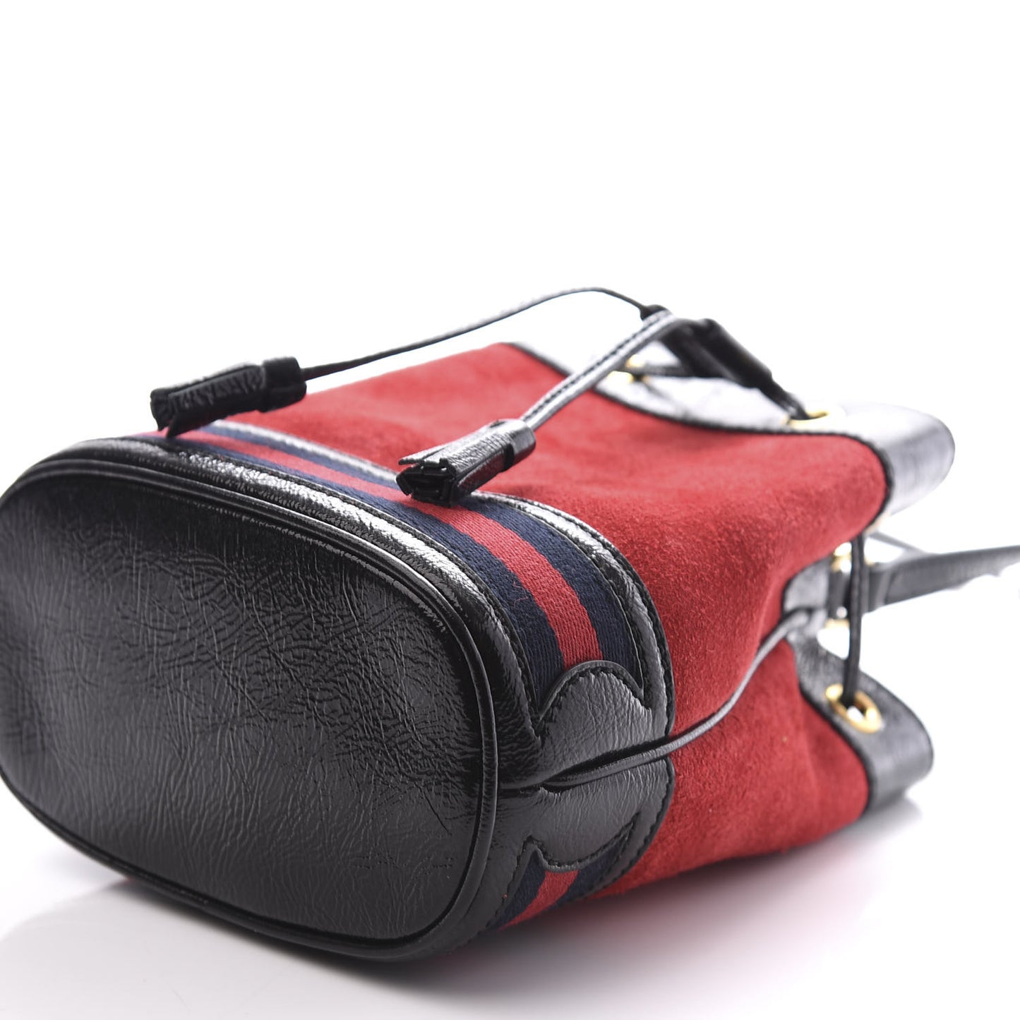 Suede Patent Web Mini Ophidia Bucket Bag Hibiscus Red Black
