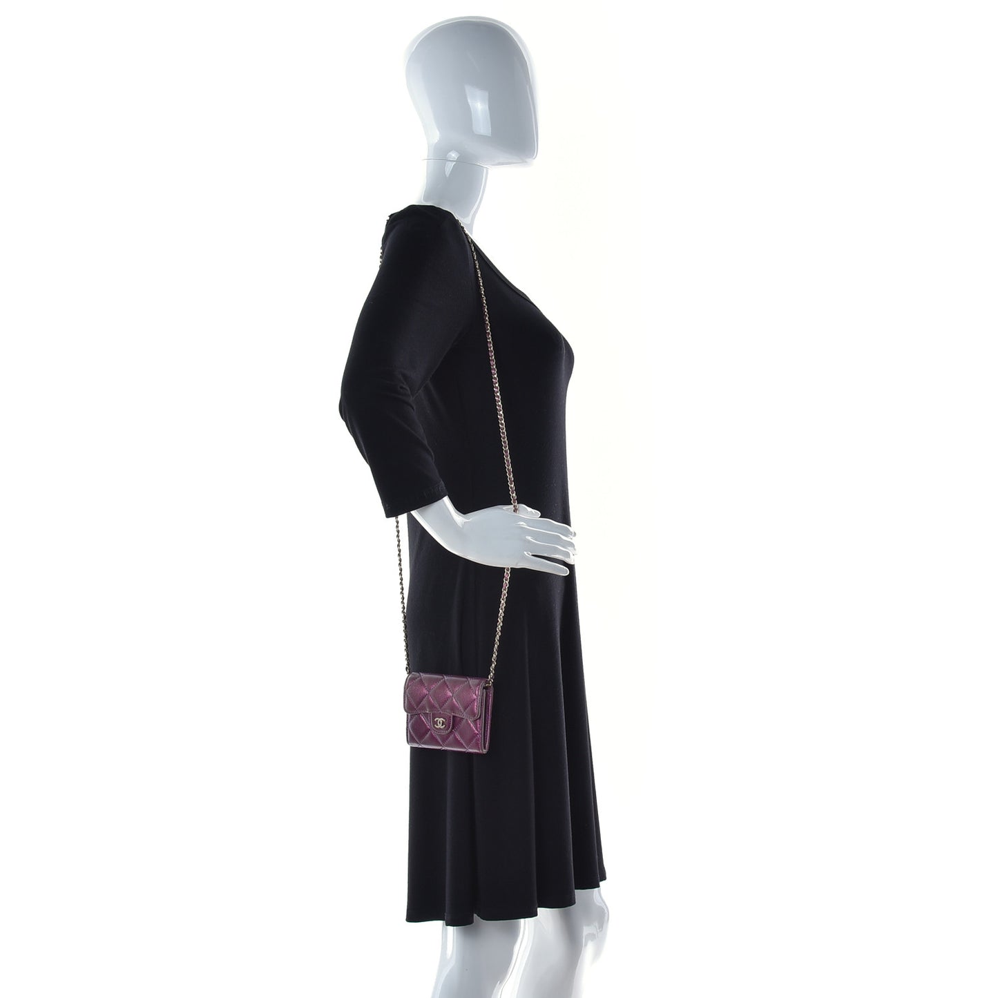 Iridescent Lambskin Quilted Flap Card Holder On Chain Purple