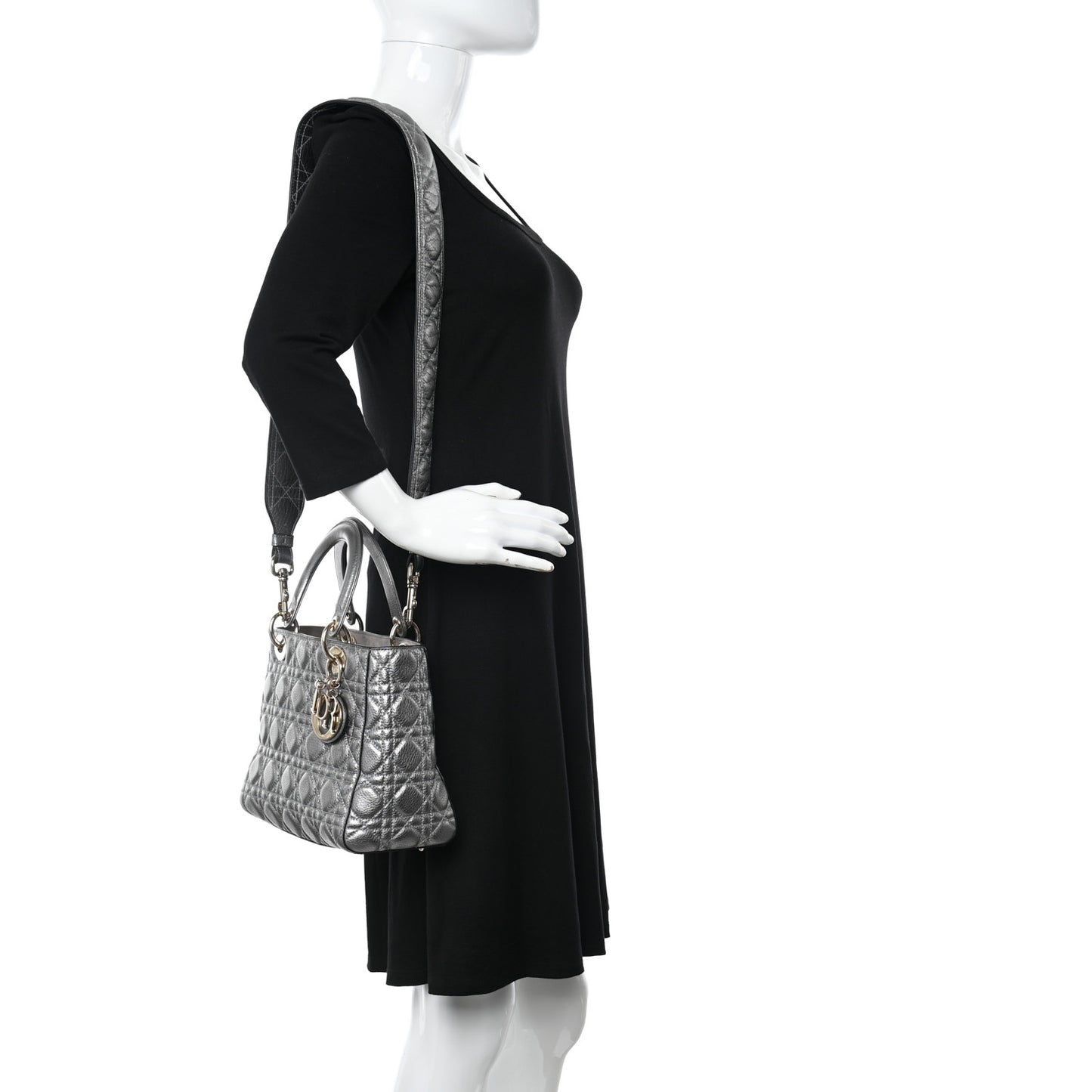 Metallic Grained Calfskin Cannage Medium Supple Lady Dior Silver