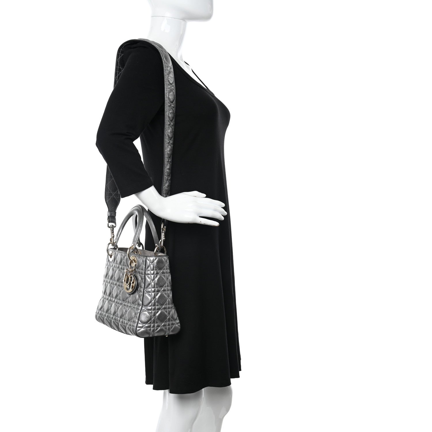 Christian Dior Metallic Grained Calfskin Cannage Medium Supple Lady Dior Silver 2 of 11