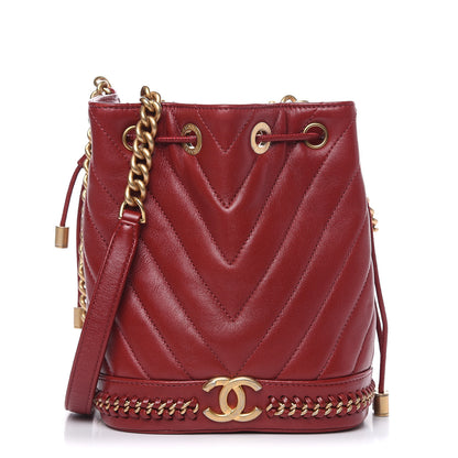 Chanel Sheepskin Chevron Quilted Small Drawstring Bag Dark Red 1 of 10