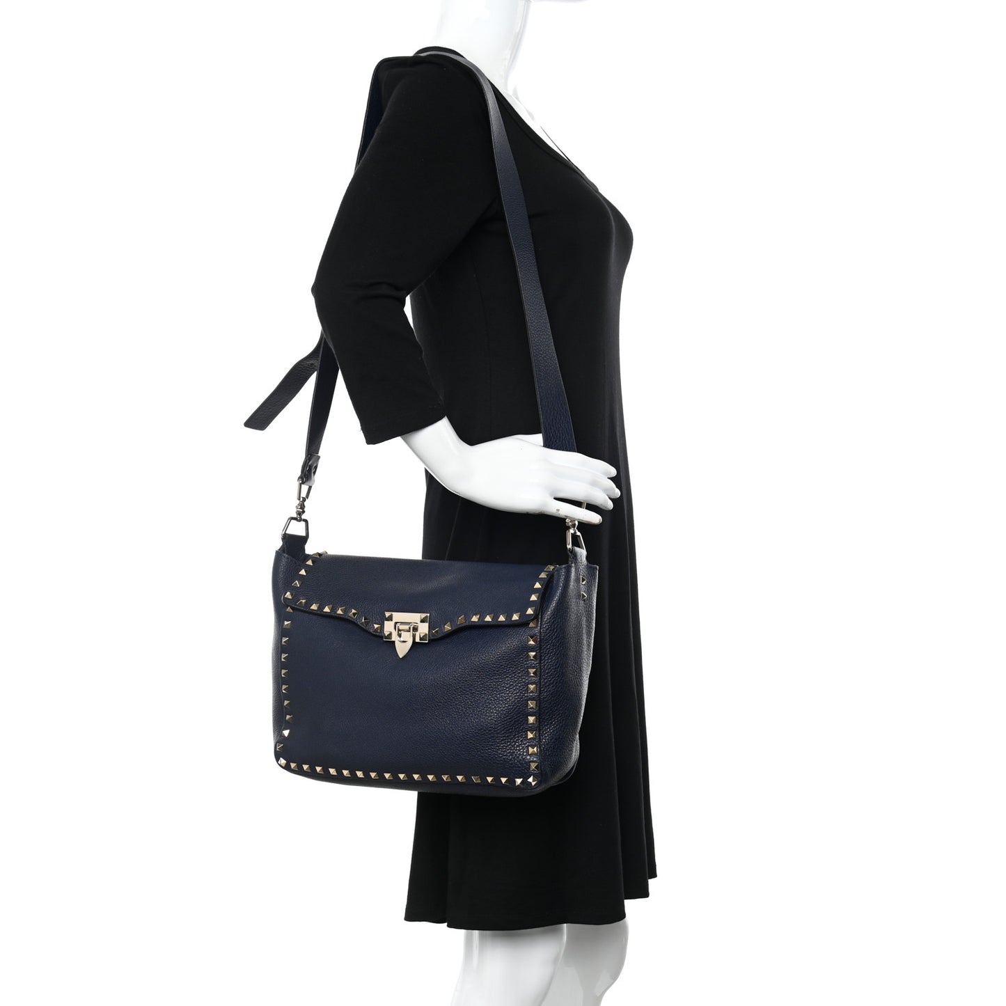 Pebbled Calfskin Rockstud Flip Lock Flap Messenger Satchel Marine