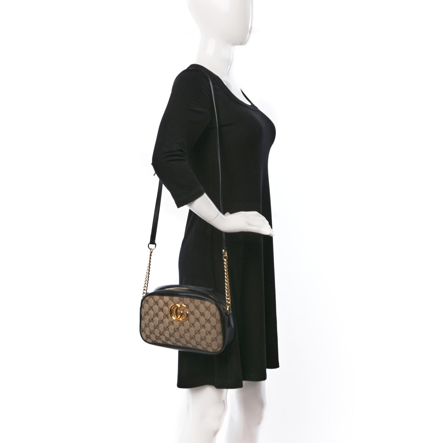 Monogram Matelasse Diagonal Small GG Marmont Chain Shoulder Bag Beige Black