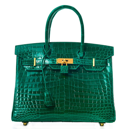 Hermes Shiny Niloticus Crocodile Horseshoe Birkin 30 Vert Emeraude Black 1 of 38