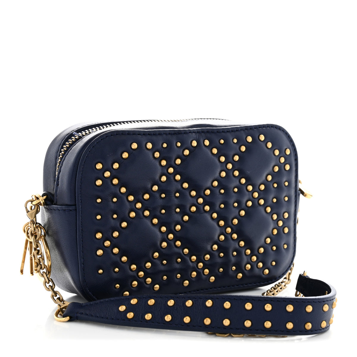 Lambskin Cannage Studded Lady Dior Camera Case Pouch Blue