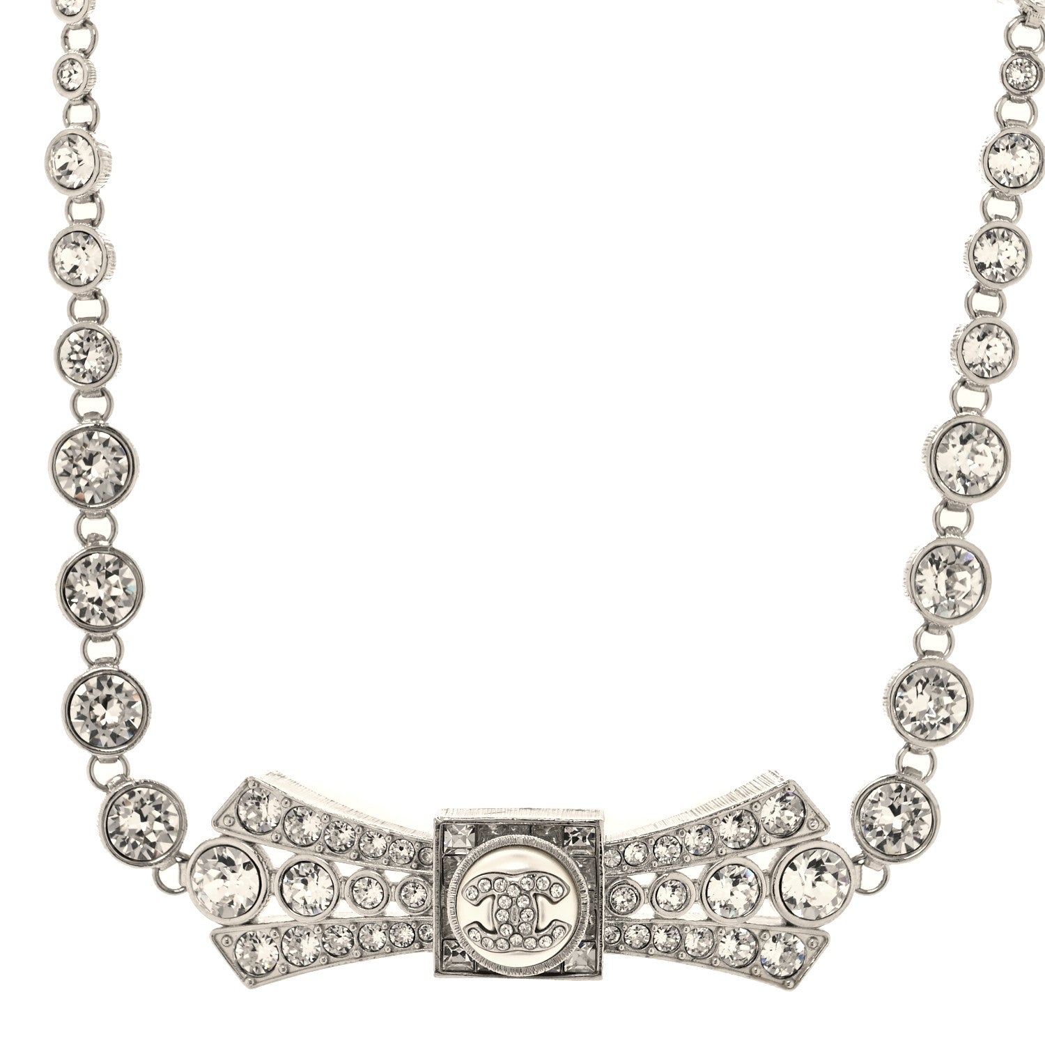 Chanel Crystal CC Bow Choker Necklace Silver 1 of 5