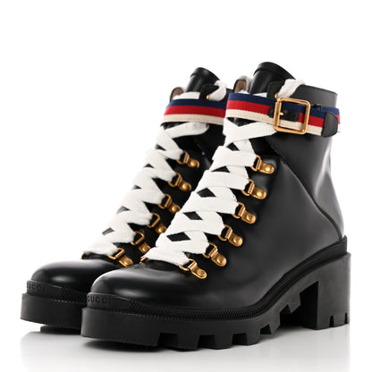 Gucci Calfskin Sylvie Web Womens Lace Up Combat Boots 38 Black 3 of 19
