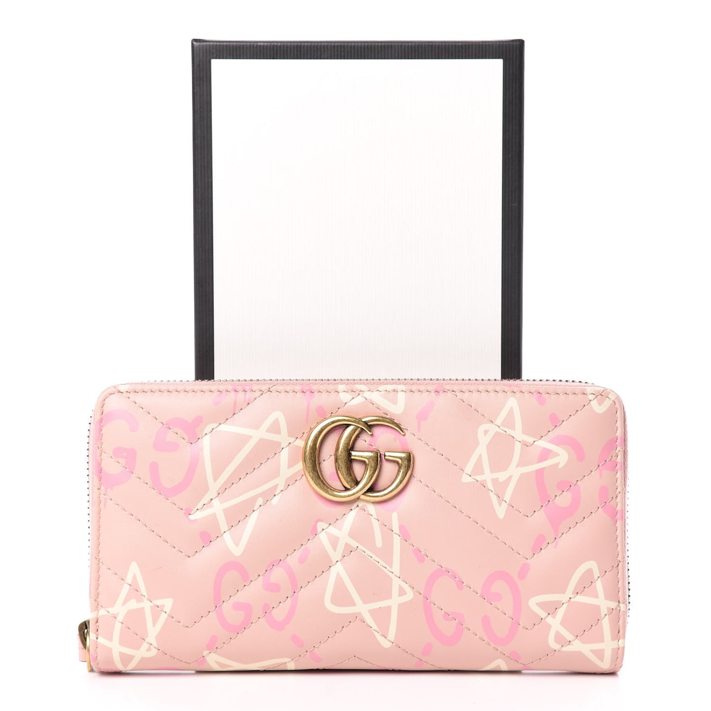 Calfskin Matelasse GucciGhost GG Marmont Zip Around Wallet Perfect Pink Rosa Ivory