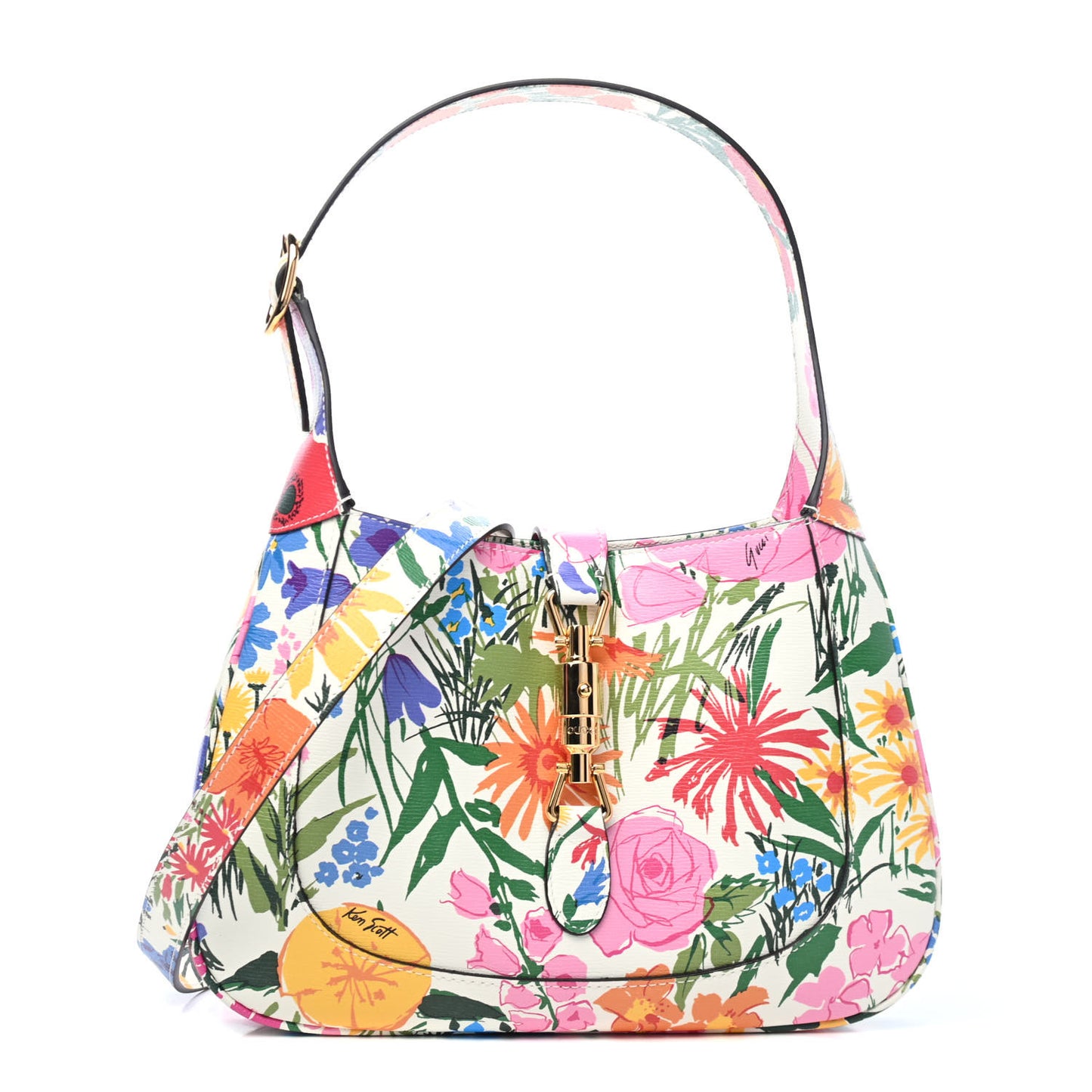 X KEN SCOTT New Shangai Calfskin Jardin D'Avril Floral Print Small Jackie 1961 Hobo Ivory Pink